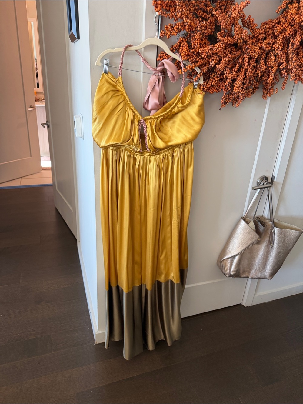 Anthropologie Satin Two-Tone Gold and Olive Maxi Dress with Pink Halter Tie
